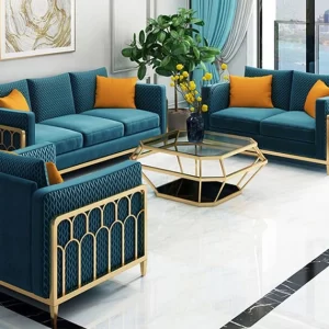 Teal velvet sofa set with gold metal frame