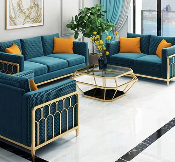 Teal velvet sofa set with gold metal frame
