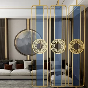 Woven room divider with gold frame
